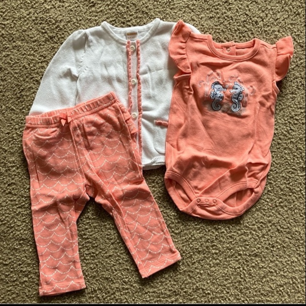 EUC Gymboree Baby Outfit with Seahorse Onesie, matching bottoms and sweater